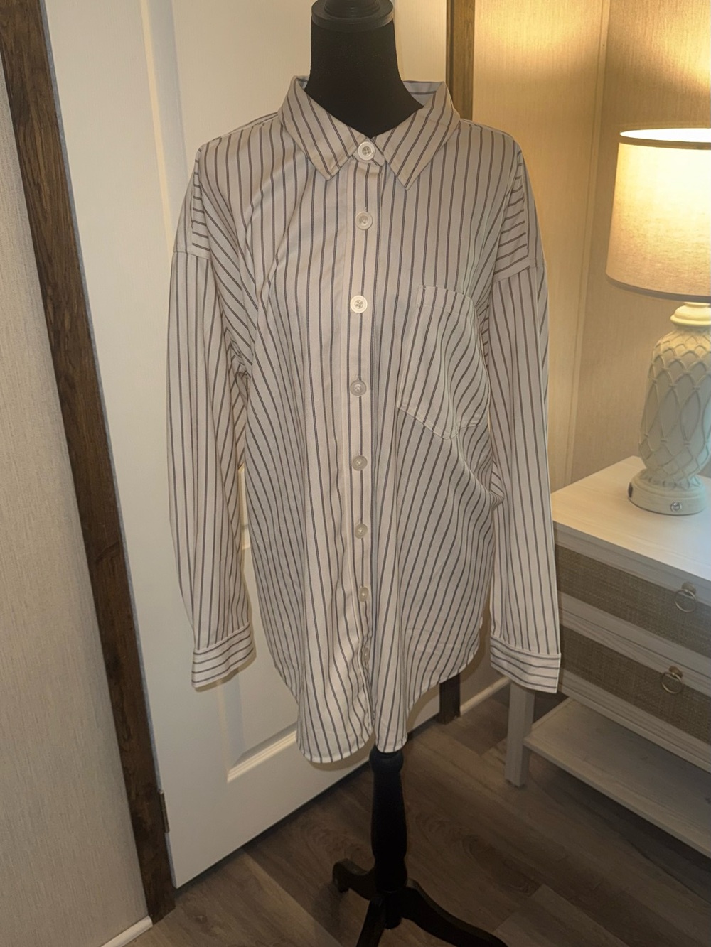 Maurices White Button-Up Dress Shirt with Thin Black Stripes